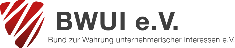 Logo des BWUI e.V. mit rot-gestreiftem Schild und Text "Bund zur Wahrung unternehmerischer Interessen e.V.".