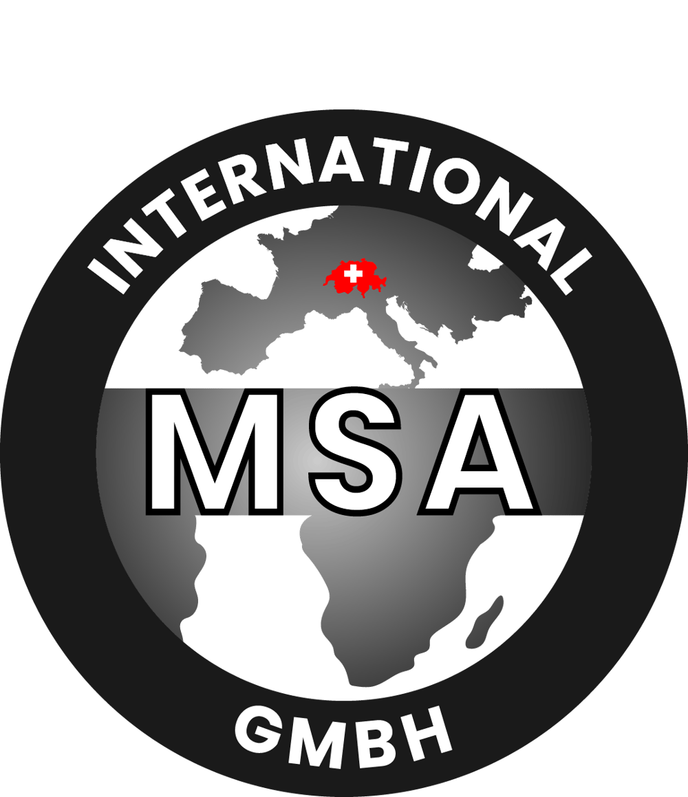 MSA GmbH Logo: Globus-Karte mit rot hervorgehobener Schweiz, umschrieben von "CORPORATION" und "GMBH".
