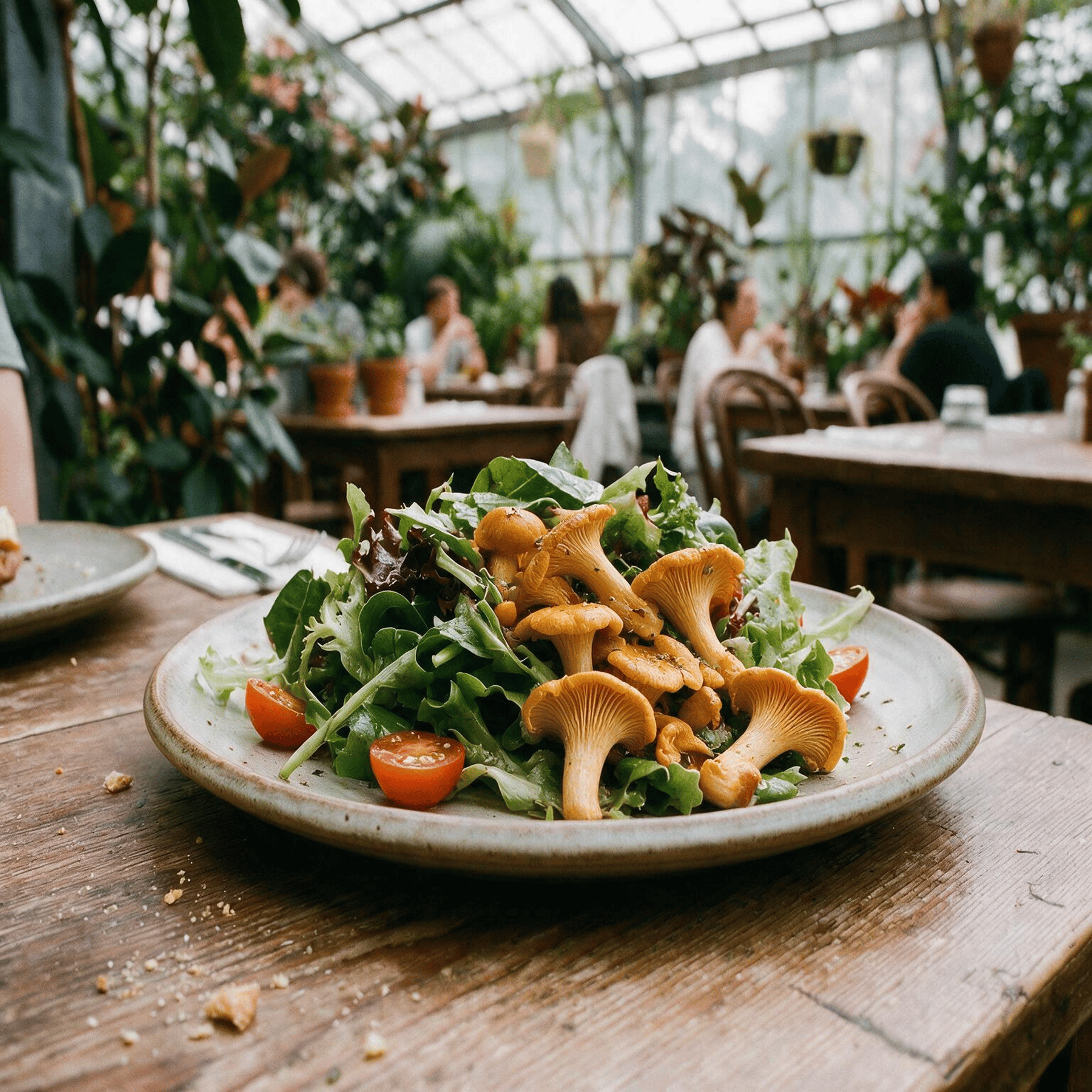 Teller mit frischem Blattsalat, Pfifferlingen und Speck