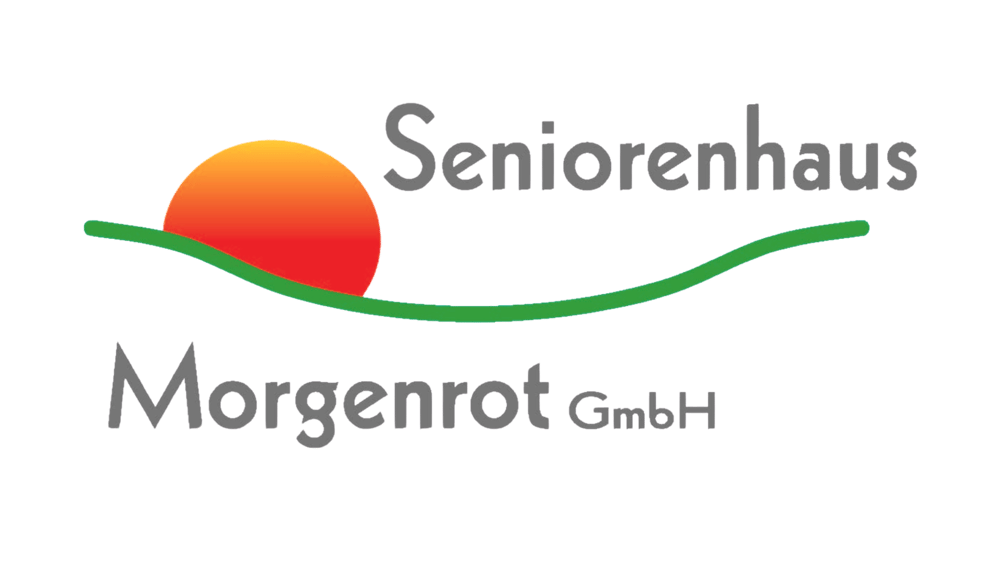 Logo "Seniorenhaus Morgenrot GmbH" mit aufgehender orange-roter Sonne über einer grünen geschwungenen Linie.