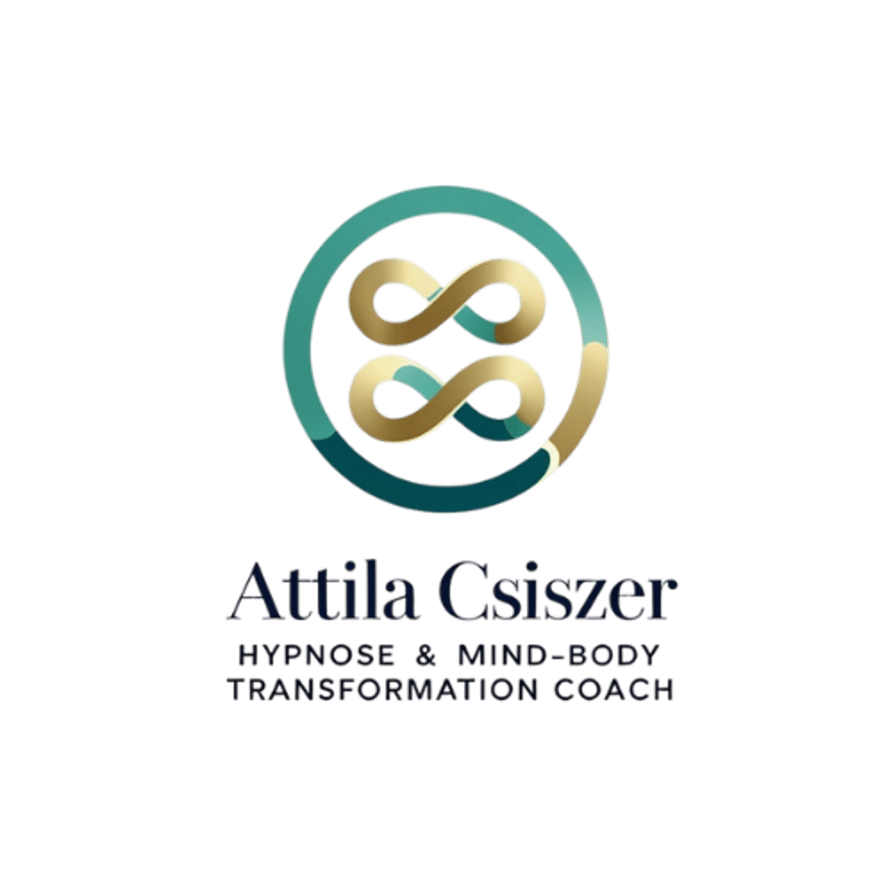 Logo von Attila Csiszer: zwei goldene Unendlichkeitszeichen in einem Kreis, darunter der Name und der Titel „HYPNOSE & MIND-BODY TRANSFORMATION COACH“.