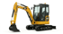 Gelber CAT 302CR Minibagger mit schwarzer Kabine und Schaufel auf weißem Hintergrund.