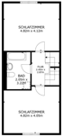 Grundriss des Obergeschosses eines Hauses mit drei Zimmern, Bad, Galerie und Maßen.
