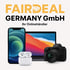 Schriftzug "FAIRDEAL GERMANY GmbH Ihr Onlinehändler" mit Symbol eines Händedrucks über Smartphone, Laptop, Kopfhörer, Kamera.