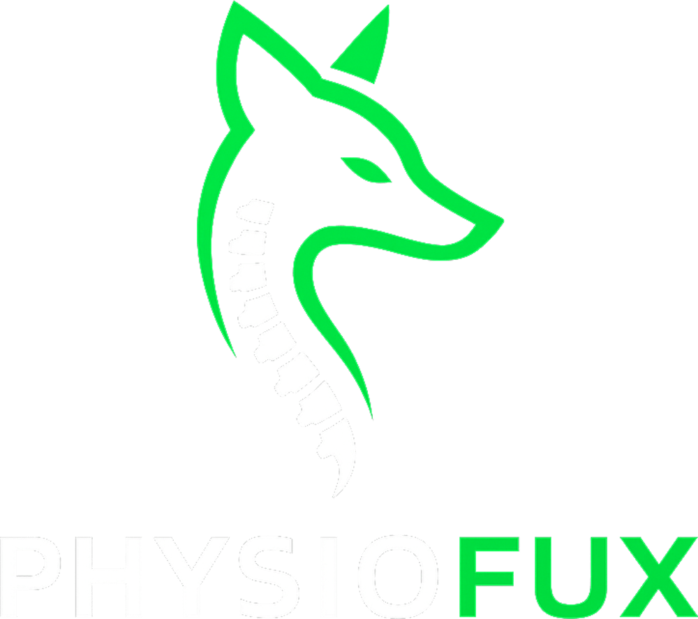 Logo von PHYSIOFUX mit einem grünen Fuchskopf, dessen Nacken als weiße Wirbelsäule dargestellt ist, auf schwarzem Grund.