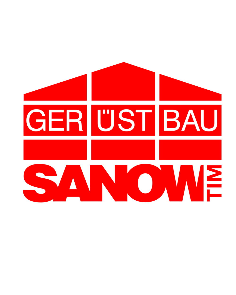 Firmenlogo GERÜSTBAU TIM SANOW, weißer Schriftzug in Hausform auf rotem Hintergrund.