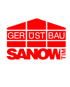 Firmenlogo GERÜSTBAU TIM SANOW, weißer Schriftzug in Hausform auf rotem Hintergrund.