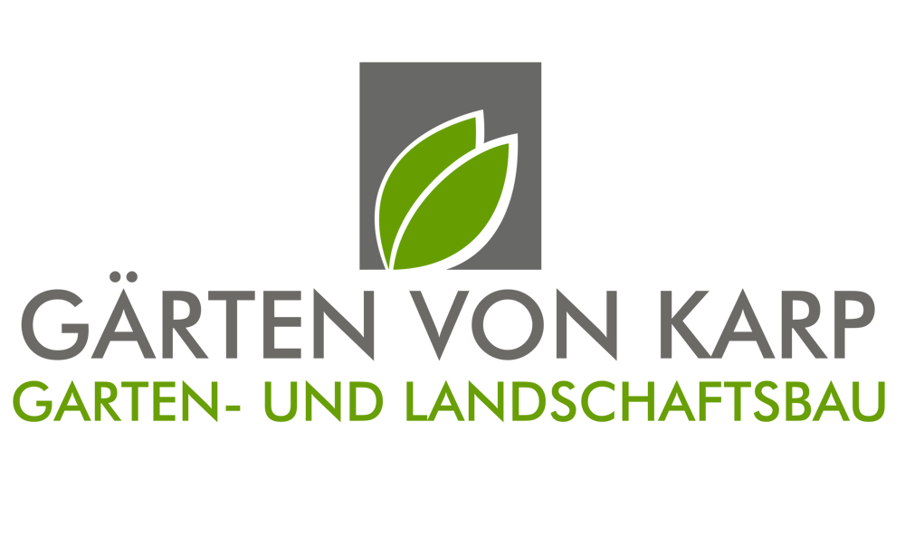 Gärten von Karp Garten- und Landschaftsbau Logo mit zwei grünen Blättern.