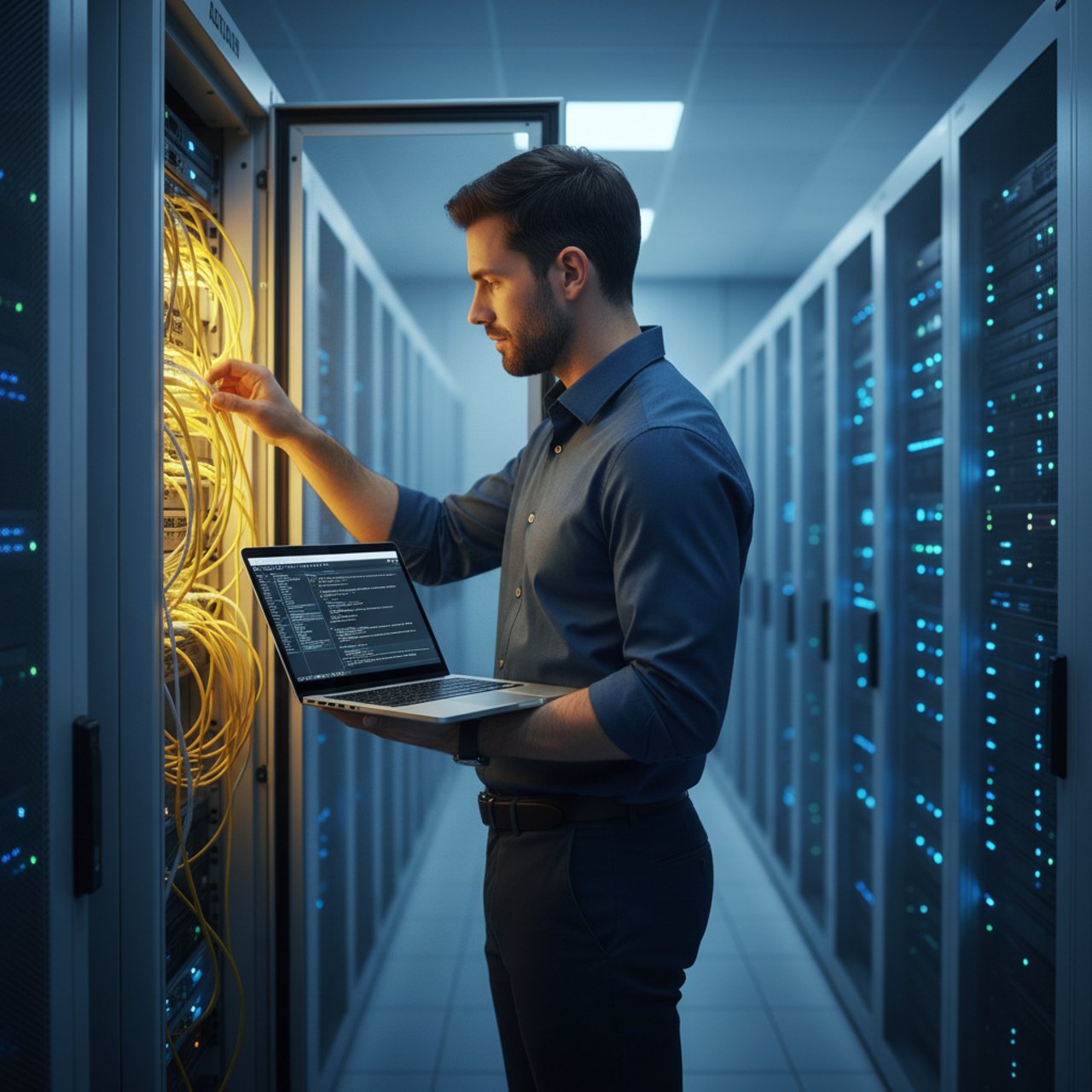 Techniker prüft Netzwerkschrank