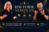 Rhetorik Seminar: Frau und Mann gestikulieren, Text "Donnerstag, 24. September 2026 bis Freitag, 25. September 2026".