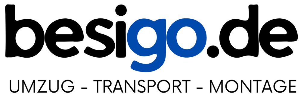 Logo "besigo.de" in Weiß und Blau, darunter "UMZUG - TRANSPORT - MONTAGE".