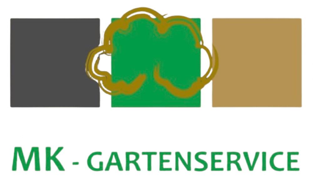 Drei Quadrate, das mittlere mit einem grünen Baum und goldenem Umriss, darunter der Text "MK-GARTENSERVICE".