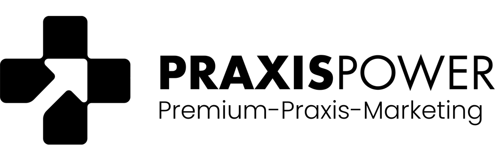 Schwarzes PraxisPower-Logo mit einem stilisierten Pluszeichen, das einen Pfeil bildet.