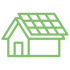 Grünes Haus mit einem Dach aus Solarpaneelen, einfache Linienzeichnung auf transparentem Hintergrund.