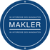 Blaues Logo mit Text „IM INTERESSE DES MANDANTEN“ über und unter „MAKLER“ in Weiß.