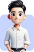 3D-Cartoon-Mann mit schwarzem Haar, weißem Hemd, schwarzem Gürtel und lächelndem Gesicht.