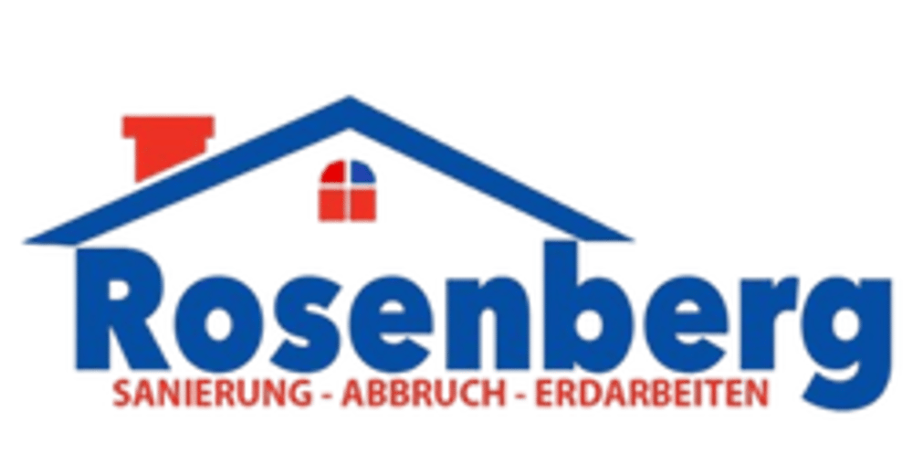 Logo von Rosenberg Sanierung - Abbruch - Erdarbeiten mit blauem Hausdach und rotem Schornstein auf schwarzem Grund.