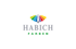 HABICH FARBEN Logo mit einem farbigen Fächer aus Farbmusterkarten in Regenbogenfarben.