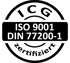 Rundes Logo: ICG ISO 9001 DIN 77200-1 zertifiziert, schwarzer Text auf weißem Hintergrund.