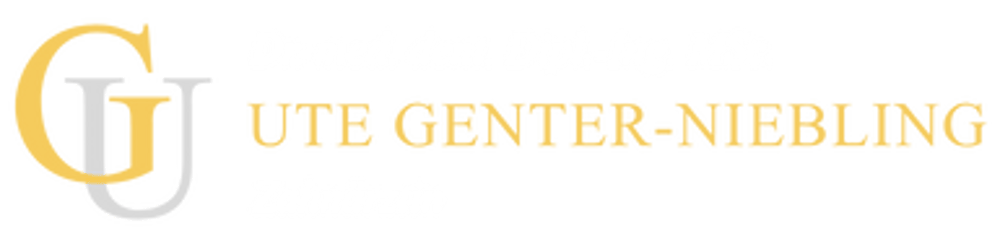 Logo mit überlappenden roten G und grauen U, daneben Text: Dr. med. dent. Dipl.-Ing. MSc. UTE GENTER-NIEBLING Zahnärztin.