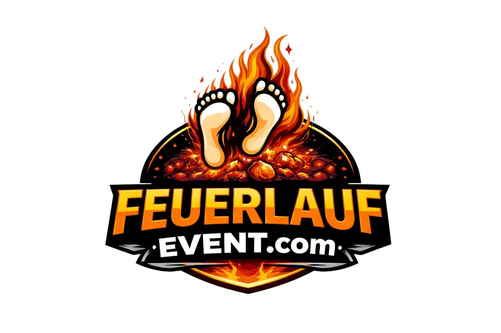 Füße auf glühenden Kohlen mit Flammen, darüber der Text "FEUERLAUF EVENT.com".