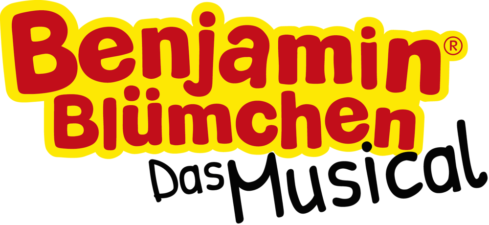 Rotes "Benjamin Blümchen" Logo mit gelbem Umriss, darunter schwarzer Text "Das Musical".