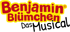 Logo mit roter Schrift "Benjamin Blümchen" auf gelbem Hintergrund, darunter schwarz "Das Musical".