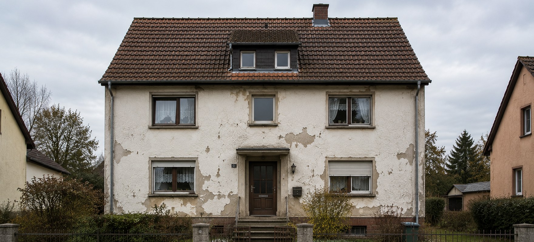 Wohnhaus mit großflächig abgeplatztem Putz und Sanierungsbedarf