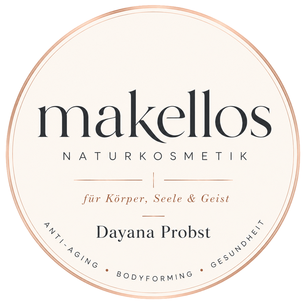 Rundes Logo von makellos Naturkosmetik Dayana Probst mit Text zu Anti-Aging, Bodyforming und Gesundheit.