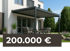 Moderne Terrasse mit grauer Pergola vor einem weißen Haus, davor der Text "200.000 €".