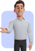3D-animierter Mann mit braunen Haaren, hellem Hemd und dunkler Hose, lächelnd und mit offener Handfläche.