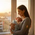 Lächelnde Mutter hält schlafendes Baby in blauem Tuch am Fenster bei Sonnenuntergang.