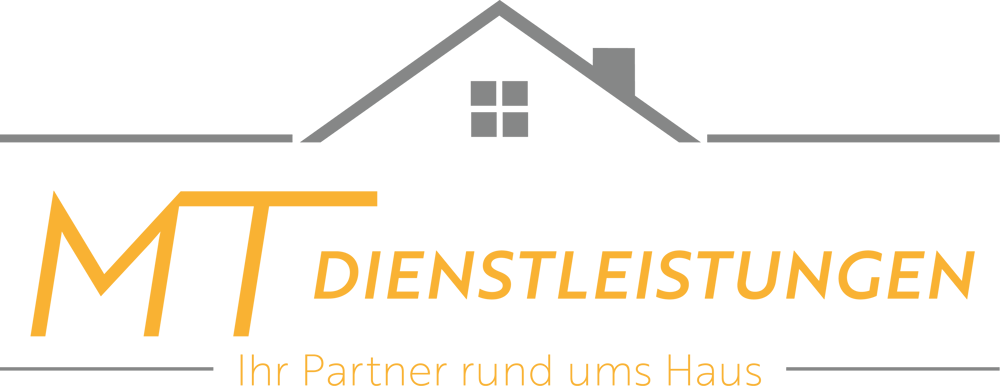 Logo von MT Dienstleistungen mit gelber Schrift und einem gestrichelten Bogen auf schwarzem Hintergrund.
