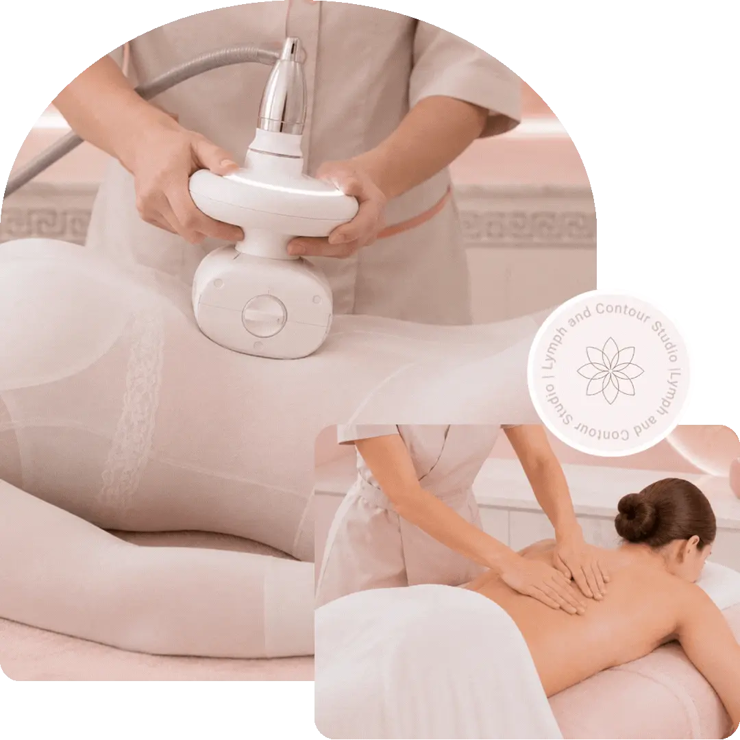 Therapist performing a machine-assisted LPG treatment on the abdomen alongside an inset of a manual back massage