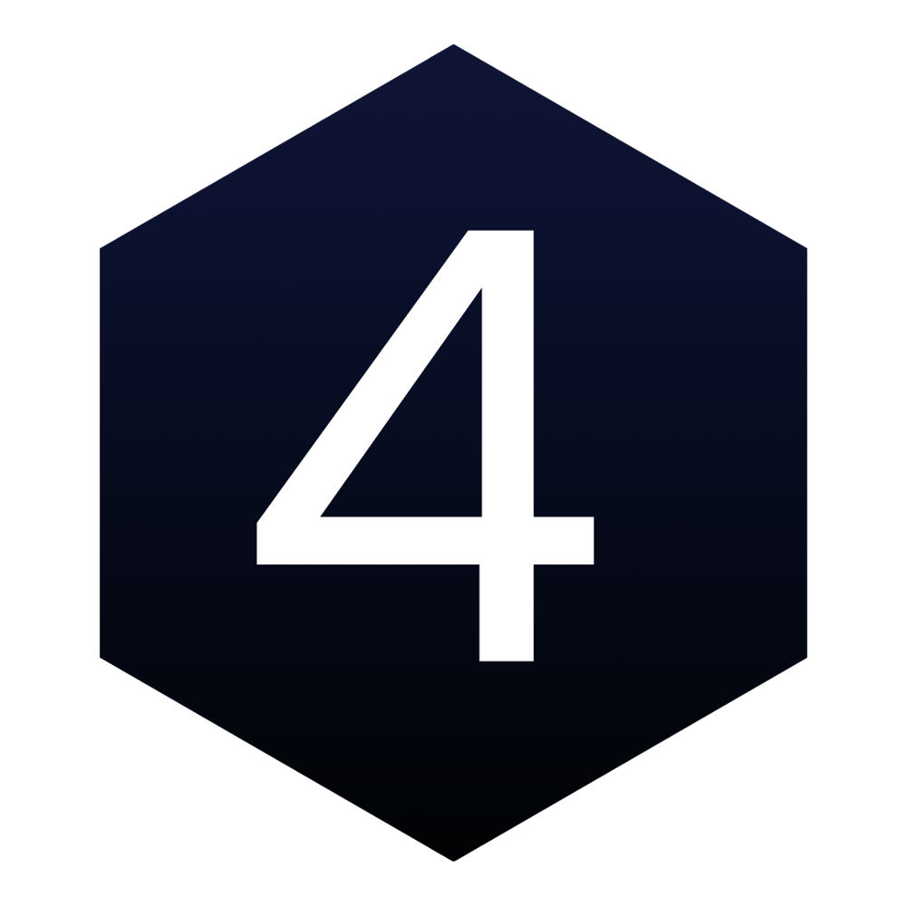 Weiße Ziffer 4 auf dunkelblauem Hexagon.