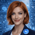 Frau mit rotem Haar und blauen Augen vor blauem Hintergrund mit Gehirn-Symbol und "AI"-Anstecker.