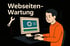 Mann am Computer mit Text "Webseiten-Wartung" und Schraubenschlüssel-Symbol.