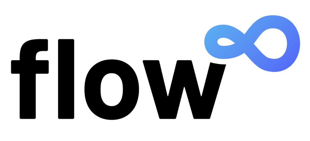 Flow-Logo mit schwarzem Text und blauem Unendlichkeits-Symbol.