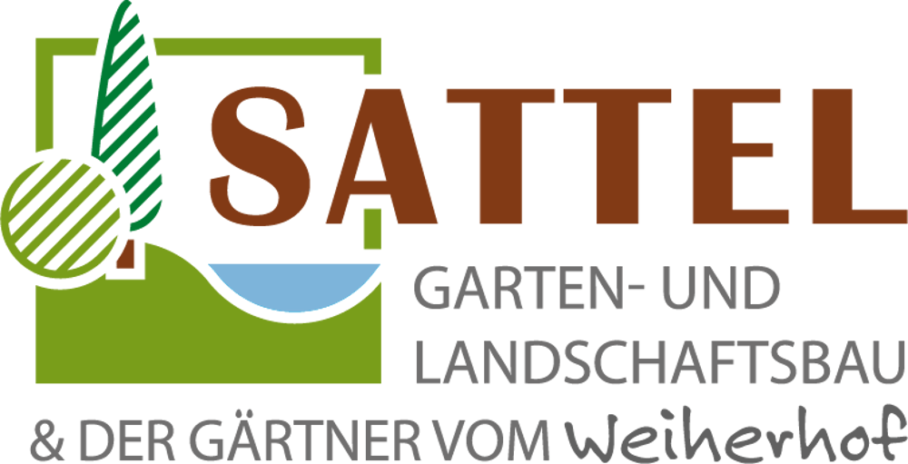 SATTTEL GARTEN- UND LANDSCHAFTSBAU Logo mit Baum, Hügel und Wasser in einem grünen Quadrat.