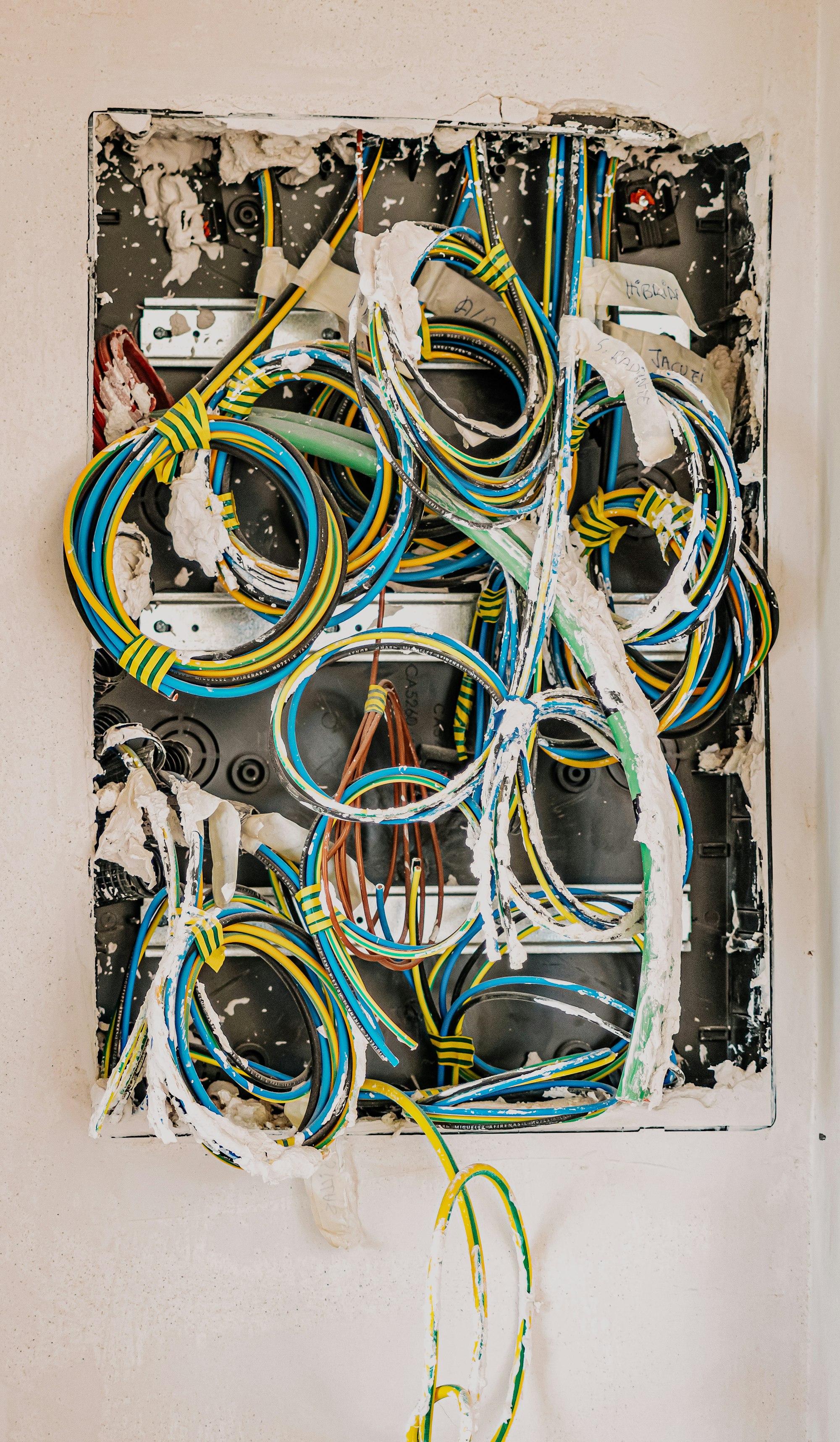 Color-coded conductors landed inside an electrical panel