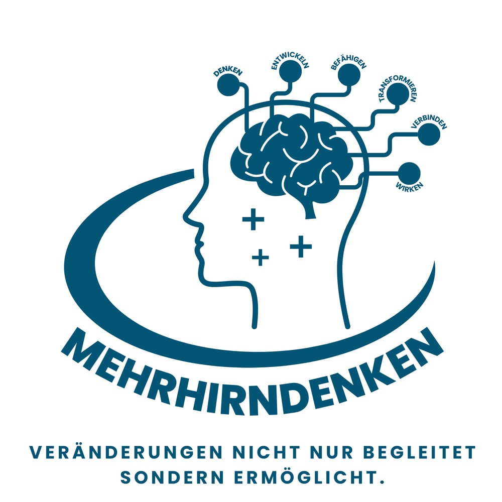 Logo mit Kopf-Silhouette, Gehirn und Text „MEHRHIRNDENKEN: Veränderungen nicht nur begleitet sondern ermöglicht.“