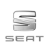 Silbernes 3D-SEAT-Logo mit stilisiertem "S" über dem Schriftzug "SEAT" auf grünem Hintergrund.