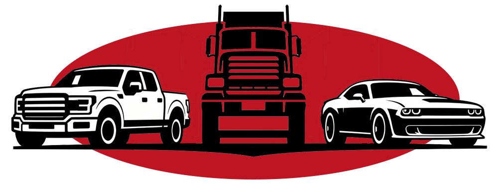 Schwarz-weiße Grafiken eines Pickups, LKWs und Muscle-Cars vor einer roten Ellipse auf schwarzem Hintergrund.
