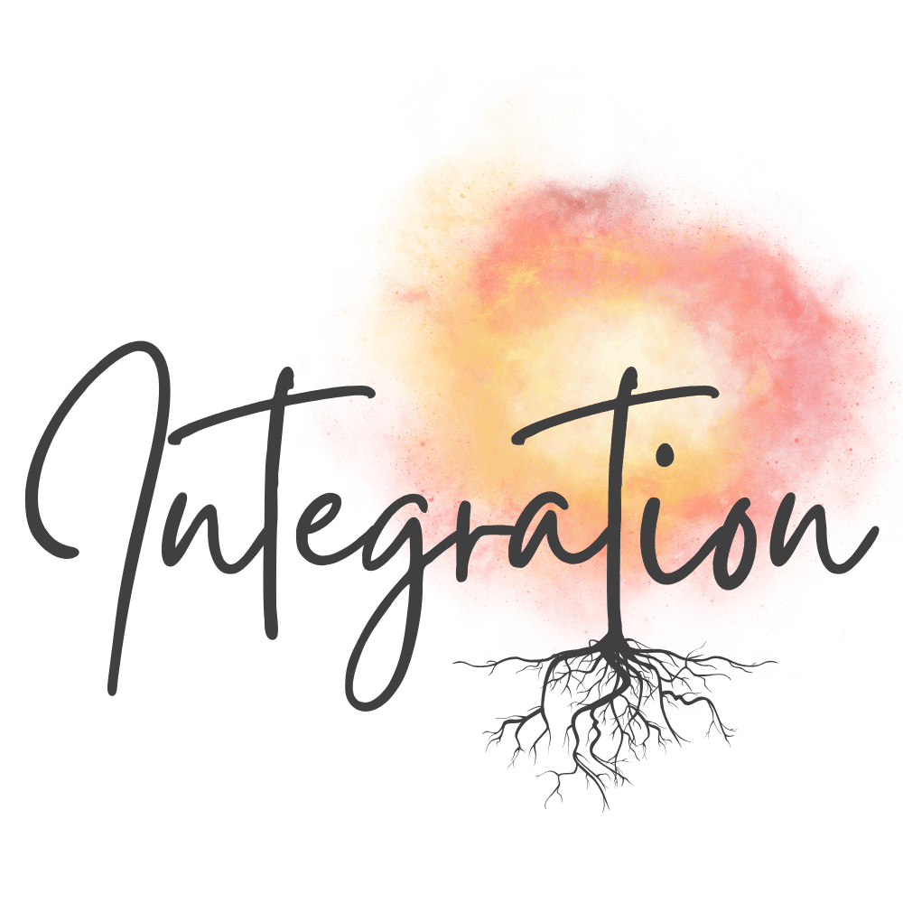 Das Wort "Integration" in kursiver Schrift, mit Wurzeln als Teil des Buchstabens "n", vor einem orange-roten Farbspritzer.