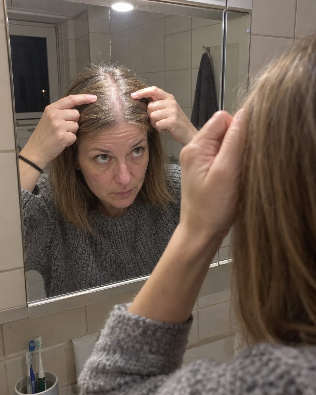Frau prüft abends unter dem Badlicht ihren Scheitel im Spiegel