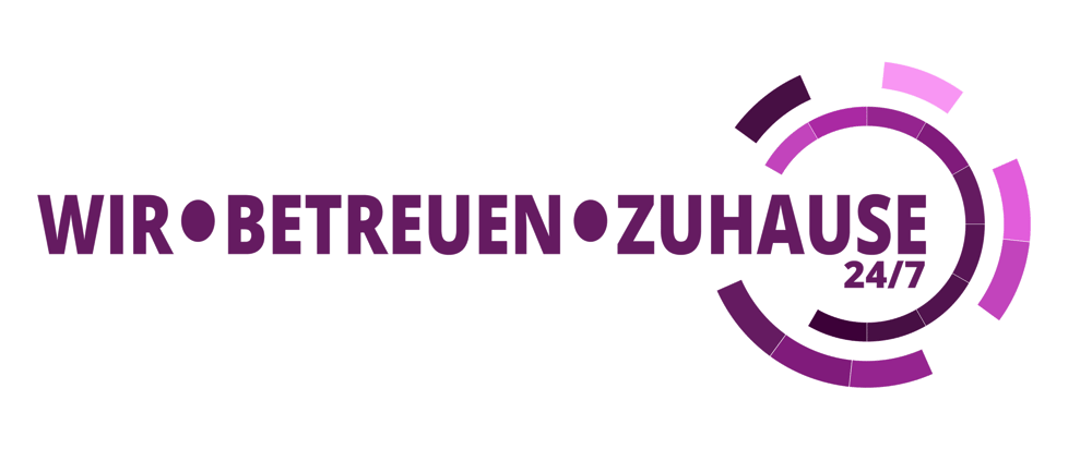 WIR BETREUEN ZUHAUSE 24/7 in lila Text, umgeben von lila Kreissegmenten.