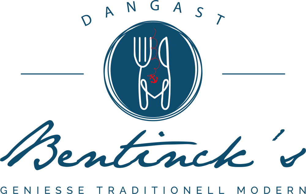 Dunkelgrünes Logo mit blauer Gabel, Messer und Löffel, darüber „DANGAST“, darunter „Bentinck’s“, „GENIESSE TRADITIONELL MODERN“.