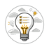 Glühbirne mit Checkliste, umgeben von Wolken und kleinen Glühbirnen, in einem Kreis.