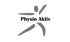Graues Logo einer stilisierten Person in Bewegung mit dem Text "Physio Aktiv" in der Mitte auf schwarzem Hintergrund.