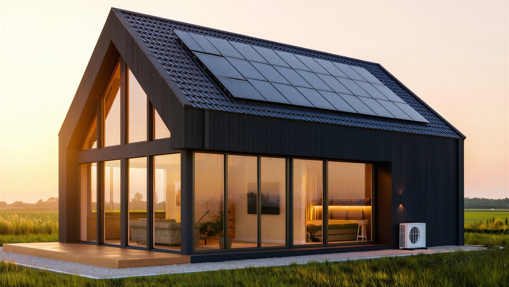 Modernes Einfamilienhaus mit Photovoltaikanlage und Wärmepumpen-Außengerät.